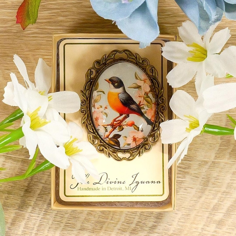 Vintage Robin Brooch Bird Pin Apple Tree Spring Cottagecore Nature Jewelry Gift